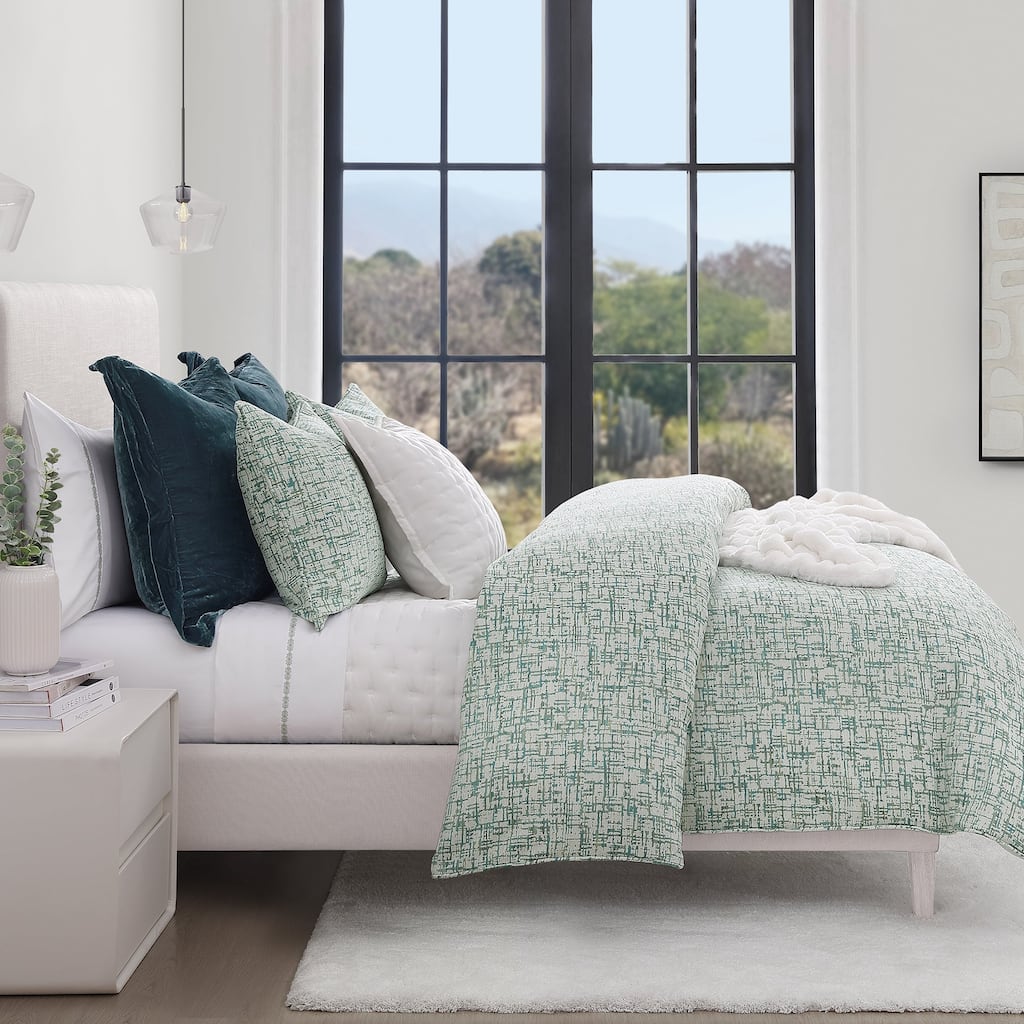 HiEnd Accents Keziah Green Textured Pattern Chenille Jacquard Modern Bedding 3 Piece Duvet Cover Set
