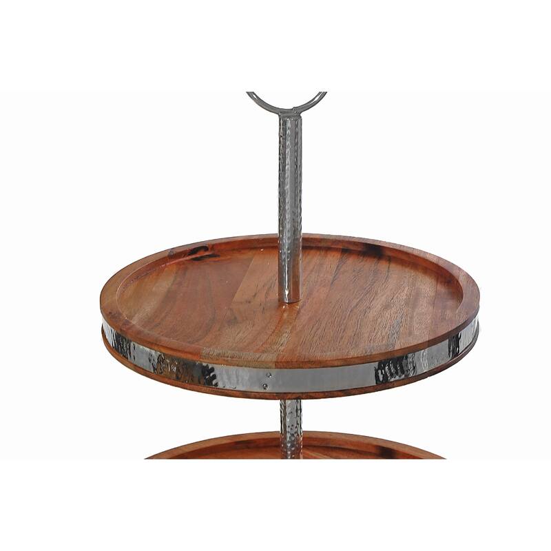 IH Casa Decor Natural Acacia Wood With Hammered Nickel 2 Tier Cake Stand