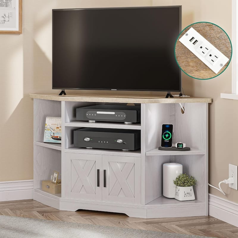 Moasis Farmhouse Corner TV Stand Entertainment Center for TV up to 55-inch w/Power Outlet - White Oak