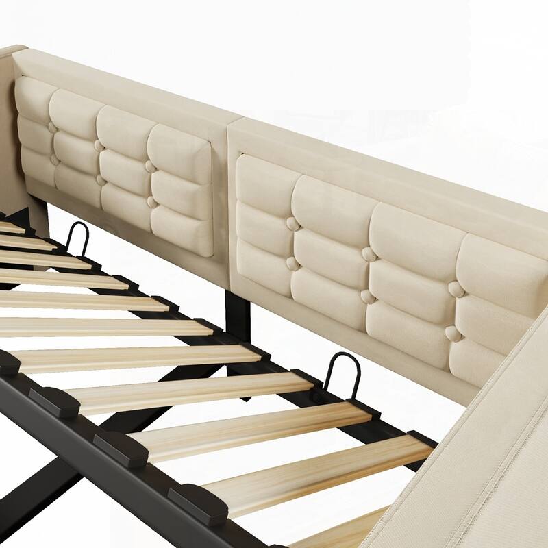 Hydraulic Storage Twin Bed Frame with Wooden Slats and Tufted Sofa Back