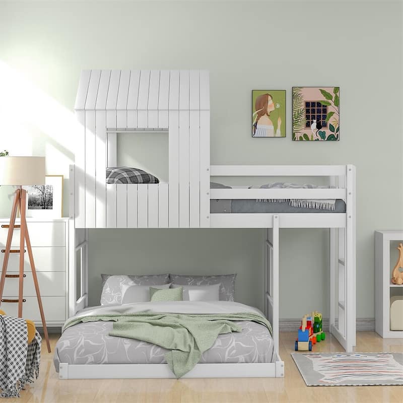 Merax Wooden Twin over Full Bunk Bed with Playhouse, Farmhouse, Ladder and Guardrails - White