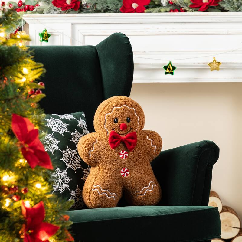 Glitzhome Set of 2 Christmas Gingerbread Man and House Shaped Throw Pillows