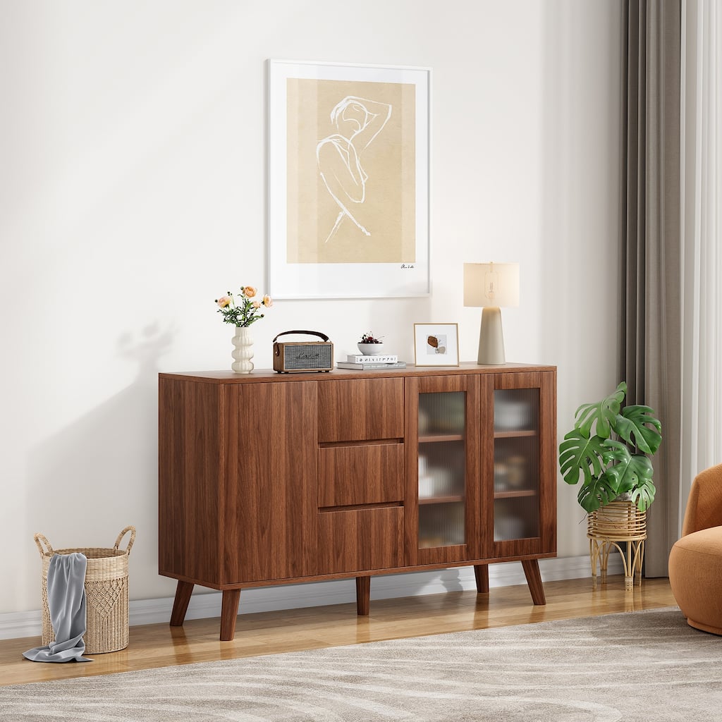 Farmhouse Buffet Cabinet, 55.5" Coffee Bar with 3 Drawers and Pop-Up Doors, Large Rustic Sideboard for Dining Room