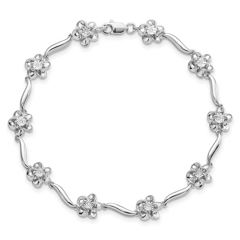 Curata 925 Sterling Silver Rhodium Plated 7" 8mm Genuine Diamond Flower Station Bracelet