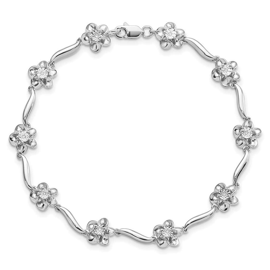 Curata 925 Sterling Silver Rhodium Plated 7" 8mm Genuine Diamond Flower Station Bracelet