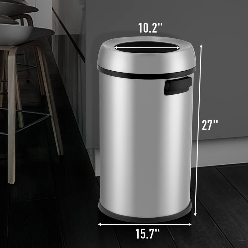 65L/17 Gallon Open Top Trash Can Brushed Stainless Steel For Outdoor Kitchen Waste Bins Home House Family