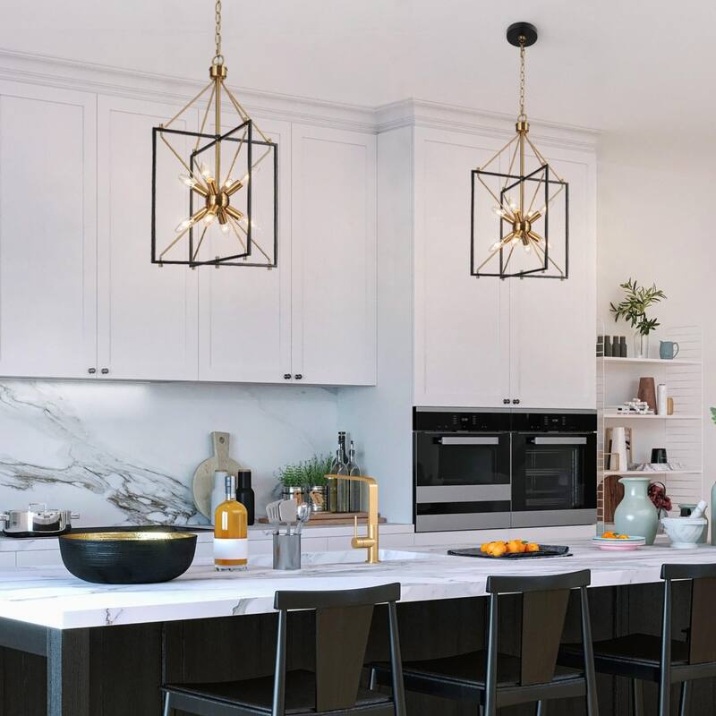 Modern 8-Light Black Gold Starburst Chandelier Metal Pendant Lights for Dining Room - 16" L x 15" W x 26" H