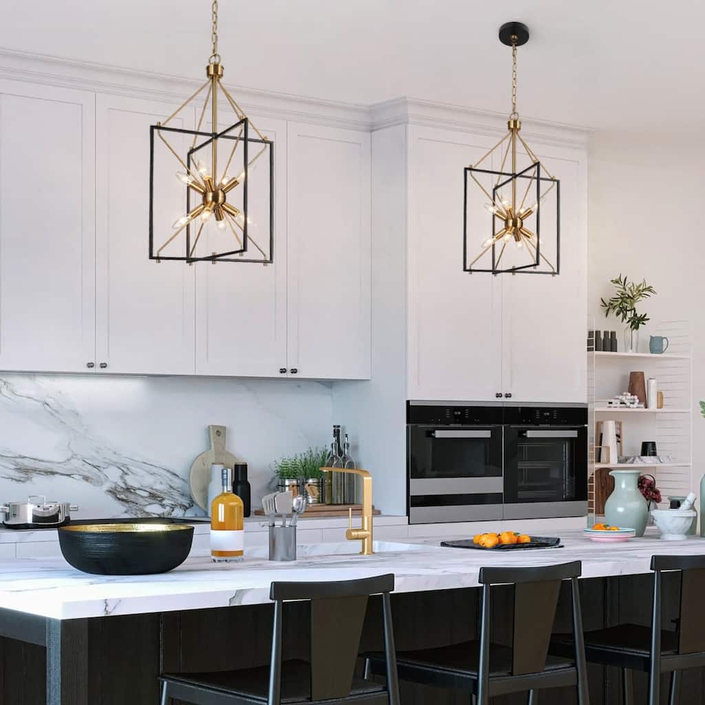 Modern 8-Light Black Gold Starburst Chandelier Metal Pendant Lights for Dining Room - 16" L x 15" W x 26" H