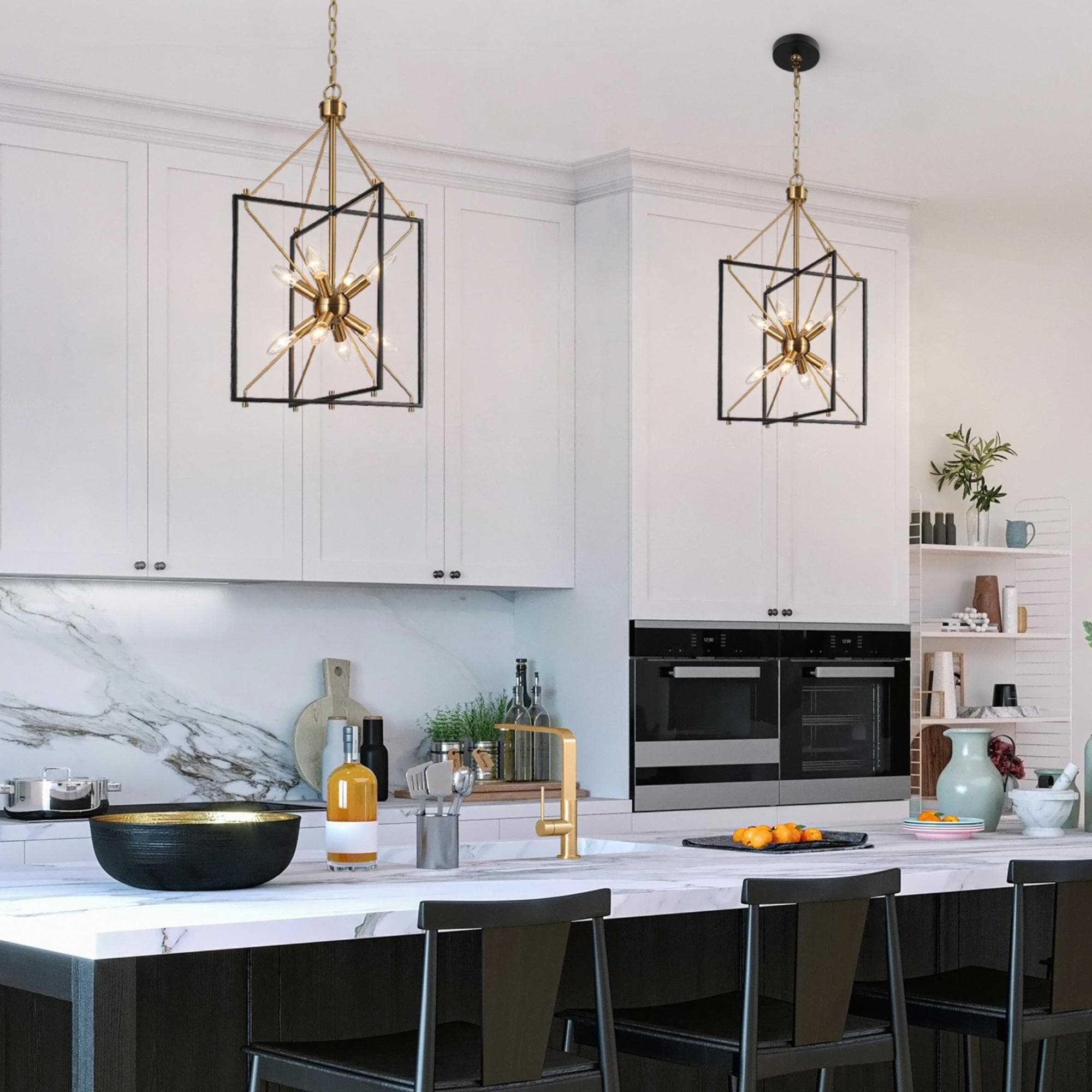 Modern 8-Light Black Gold Starburst Chandelier Metal Pendant Lights for Dining Room - 16" L x 15" W x 26" H