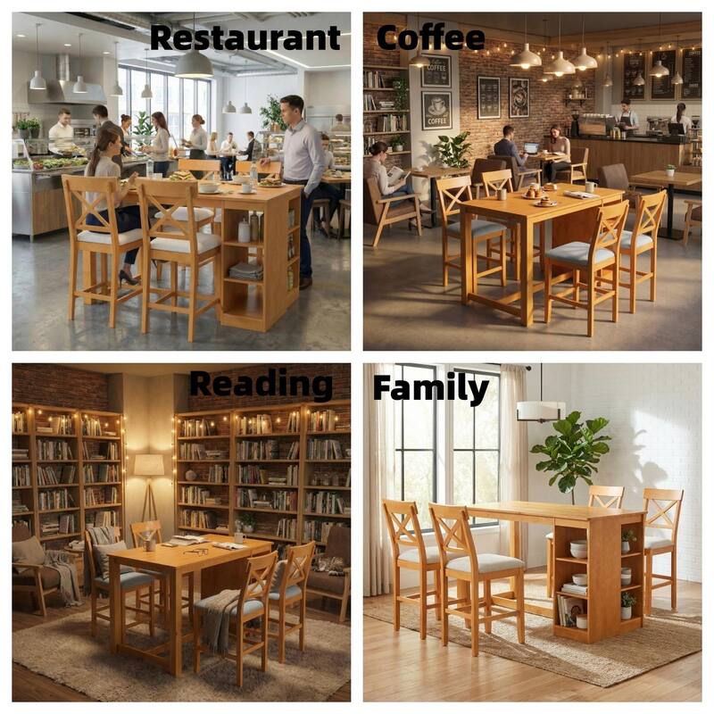 Homylin Solid Rubberwood Counter Height Dining Table Set with Storage, Brown