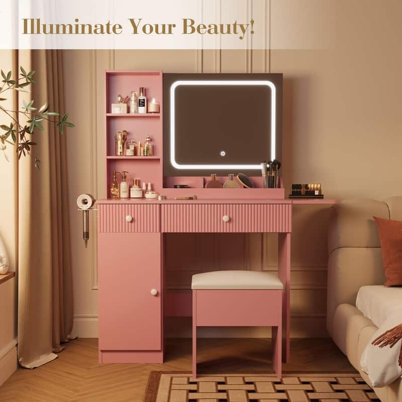 Makeup Vanity Desk with Mirror, Charging Station, Storage Drawers， Stool