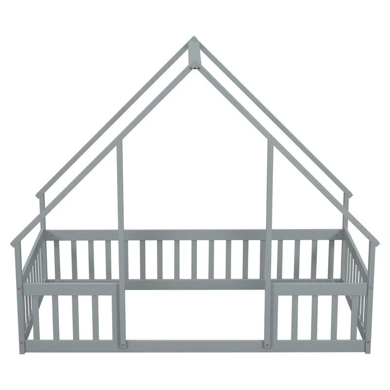 Wood House-Shaped Twin Size Floor Bed with Fence, Guardrails