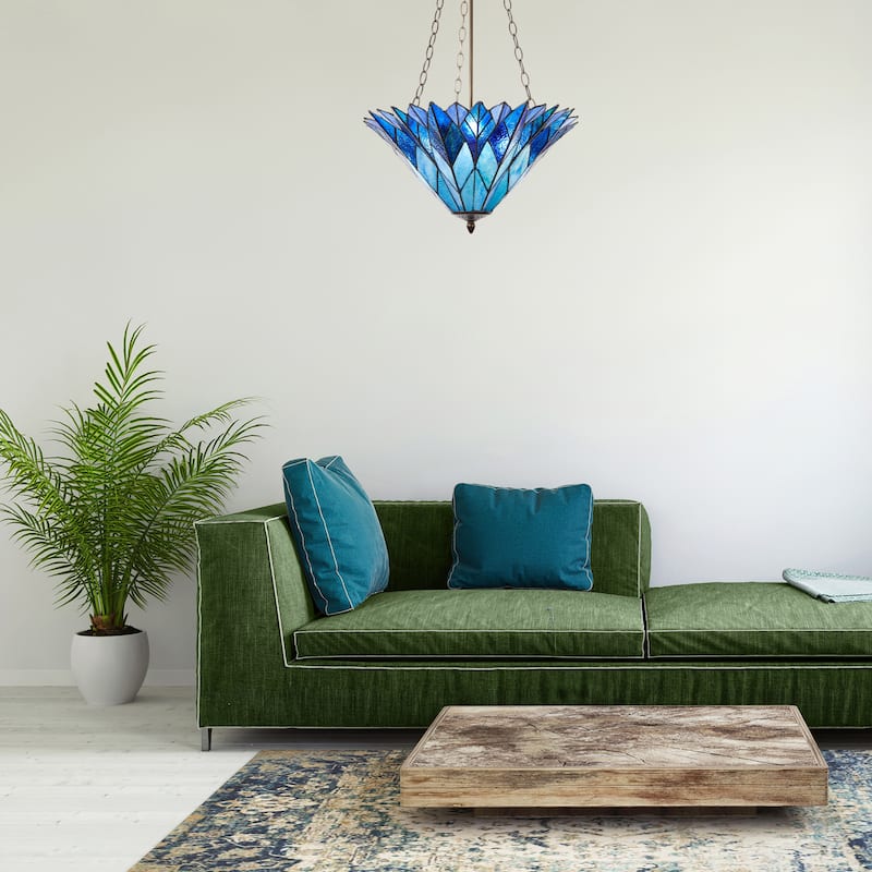 Tiffany-Style River of Goods Aqua/Blue/Purple Stained Glass 20.25-Inch Pendant Light - 20.25" x 20.25" x 28"