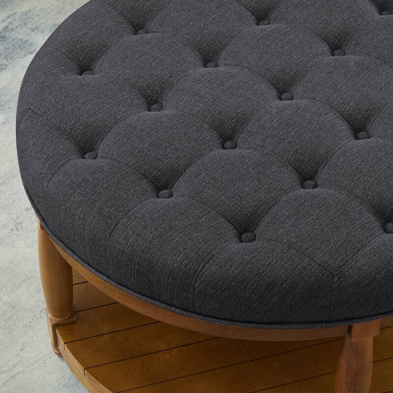 Large Round Tufted Linen Ottoman Coffee Table with Solid Wood Shelf - Charcoal Finish