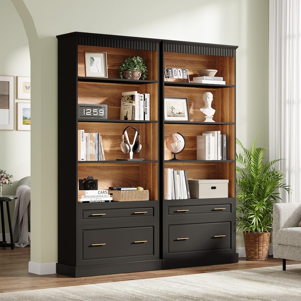 5-tier Modern Bookshelf Tall Bookcase with 2 Drawers (Set of 2) - 31.5" W x 11.8" D x 72.8" H