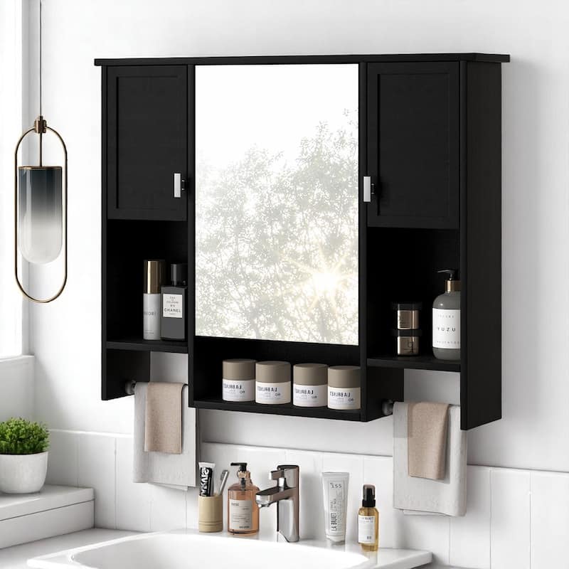 Modern 35" Bathroom Wall Cabinet with Mirror, Triple Doors, Hidden Storage and Towel Bar