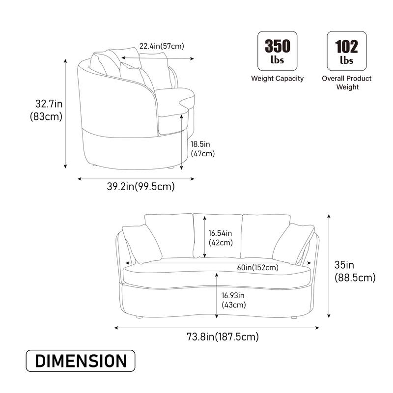 Plush Chenille Curved Lovesofa, Oversized Deep Seat Lounge Sofa, Upholstered Sofa with 4 Removable Cushions for Living Room
