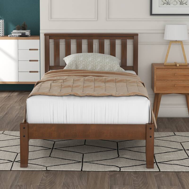 Twin Size Wood Platform Bed with Headboard and Wooden Slat Support
