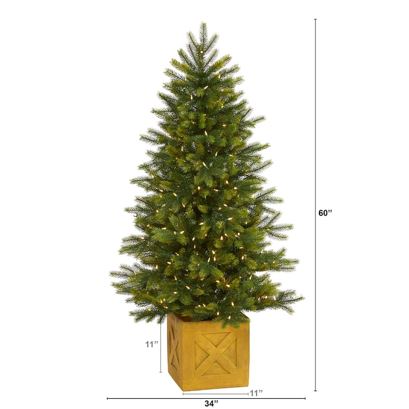 5Ft Artificial Christmas Tree with Lights & Planter - Indoor Holiday Decor, Small Xmas Tree - Green - 60