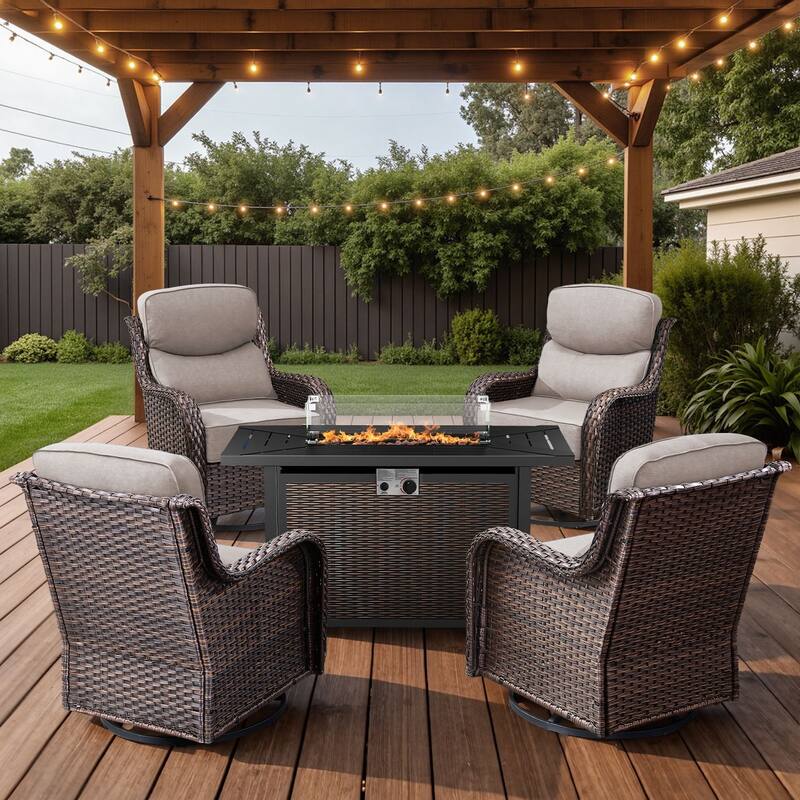 Arcadia 5-Piece Wicker Patio Set with 4 Swivel Glider Chairs and All-Iron Fire Pit