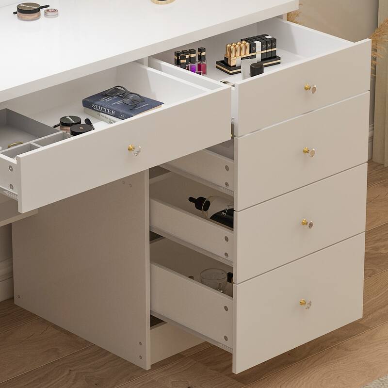 39.4'' Make up Vanity Set with Stool Mirror Hidden Storage Touch Light