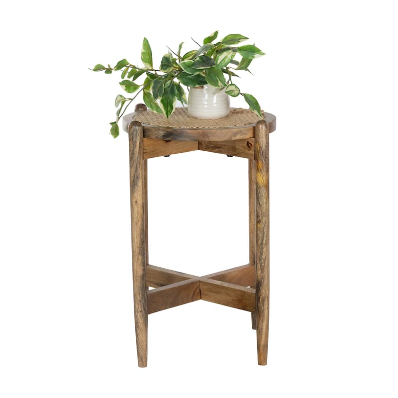 Round Side Accent Table with Mango Wood Base & Rattan Cane Webbing Top, 17.5"W x 17.5"L x 24"H