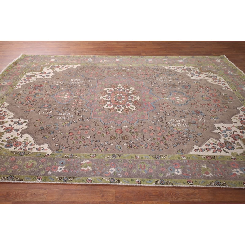 Brown Tabriz Persian Vintage Rug Handmade Traditional Wool Carpet - 6'6"x 9'8"