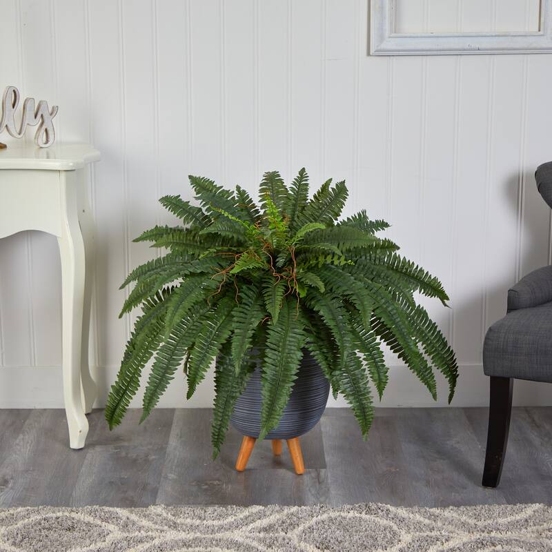Retro Fern Artificial Plant with Stand - 2.5ft Indoor Greenery in Gray Planter - Home Decor - Green