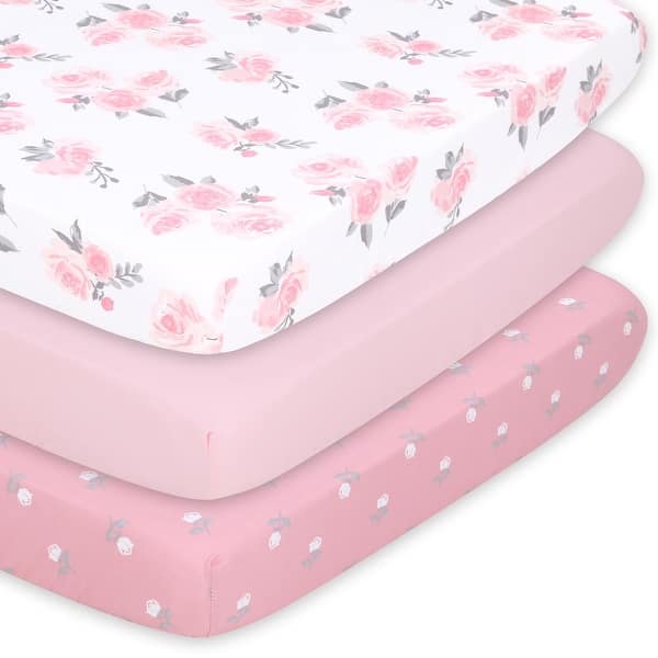 slide 2 of 5, The Peanutshell Pink Roses/ Ditsy Floral Mini Crib, Playard Sheet 3 Pack Set