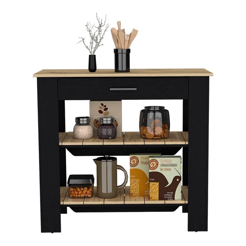 Kitchen Island 40 Inches Dozza, Two Shelves, Black Wengue / Light Oak