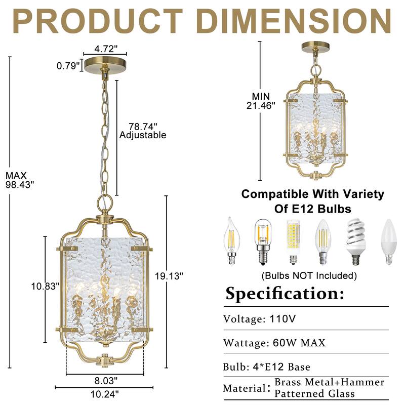 Modern 4-Light Metal Frame Pendant Light with Hammered Glass Panels - Dia.10-in