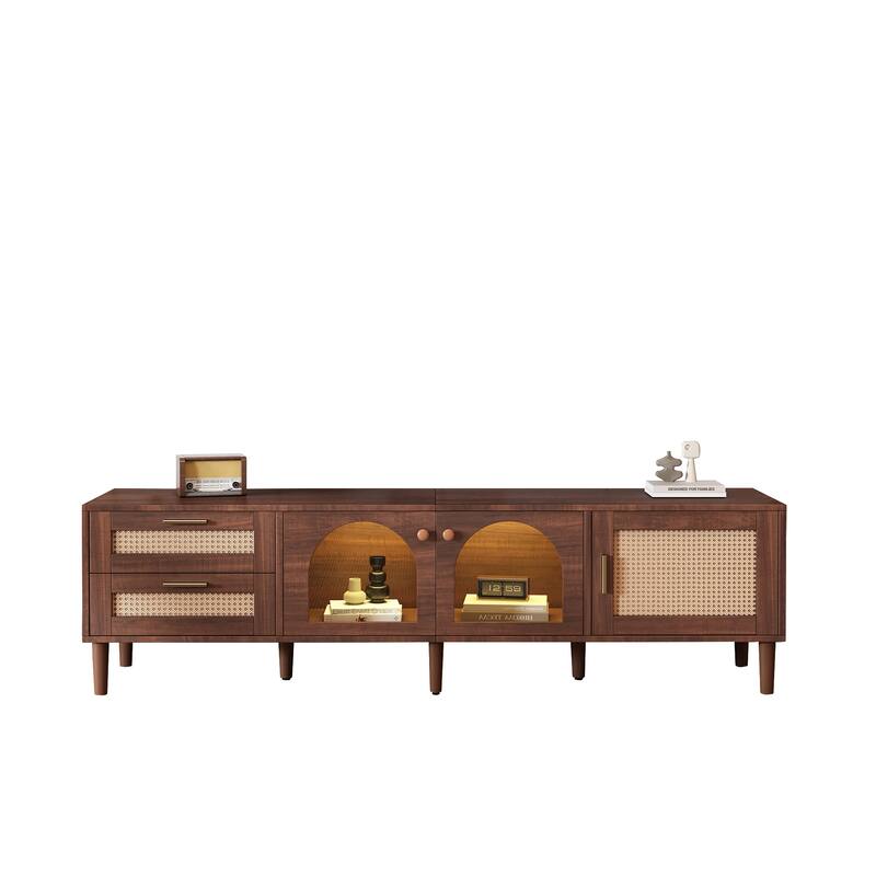 Modern Media Console with Rattan Design, LED Lights & Storage for TVs up to 80" - Living Room & Bedroom TV Stand