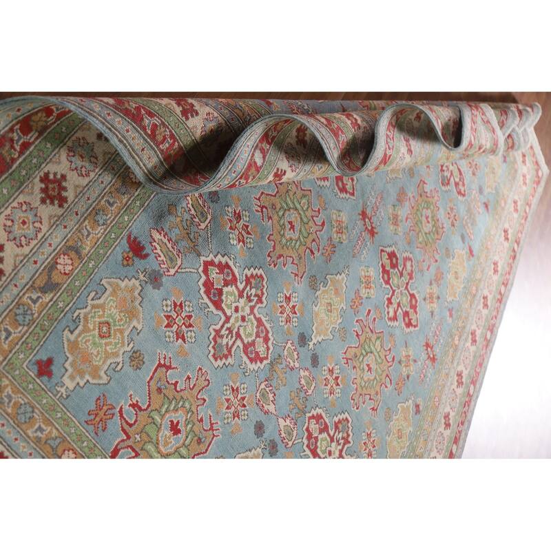Hand Knotted Oriental 100% Wool Carpet Traditional All-Over Navy Blue & Blues Kazak Area Rug - 9' 8'' X 6' 6''