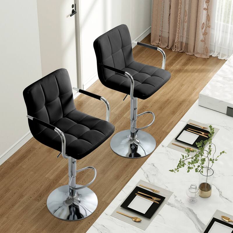 Adjustable Height Bar Stools Set of 2, Modern Square Tufted Upholstered Bar Chairs with Footrest.