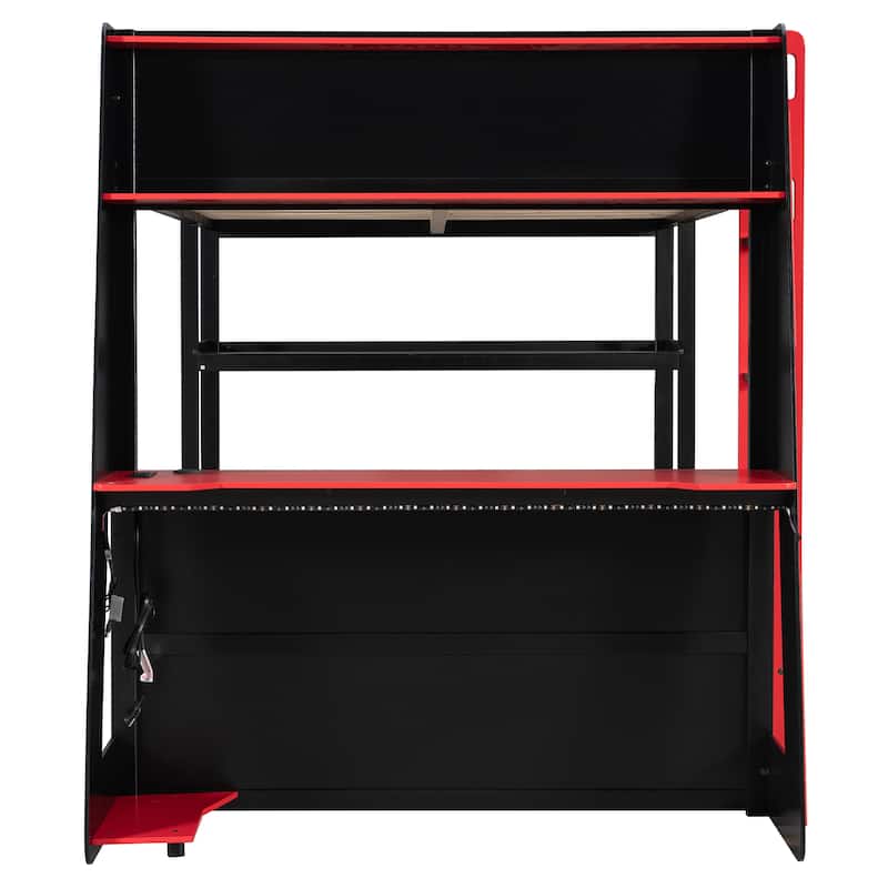 Full Size Gaming Loft Bed Station with Desk, Storage Shelves & RGB LED Lights