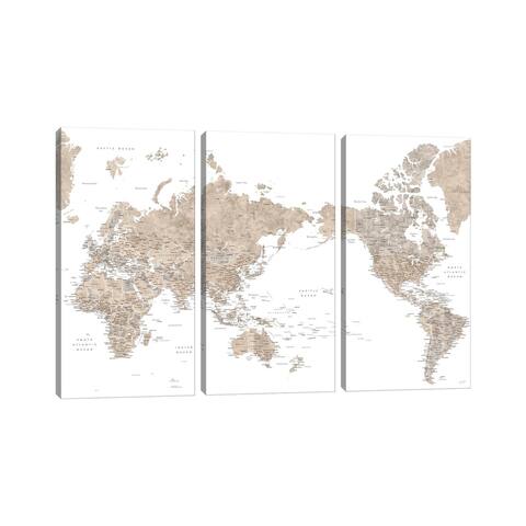 iCanvas "Pacific-Centered Detailed World Map In Neutral Watercolor" by blursbyai 3-Piece Canvas Wall Art Set