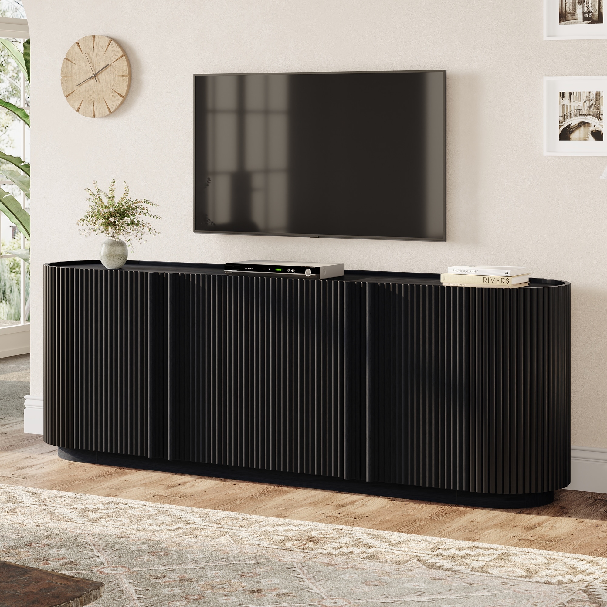 TV Stand with Fluted Tambour-Style Door for TVs up to 70", Adjustable Shelves, Curved Edge TV Cabinet with Cable Management