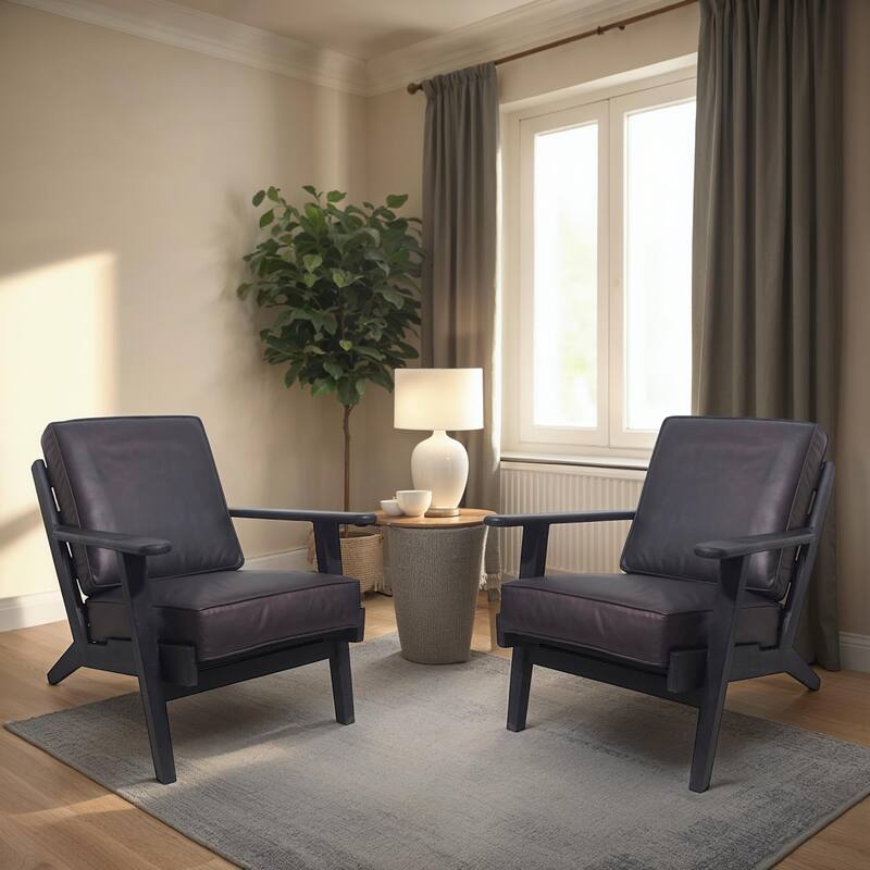 Amber Accent Chair, Handcrafted Slatted Mango Wood, Buffalo Leather Cushions, Angled Legs - Black