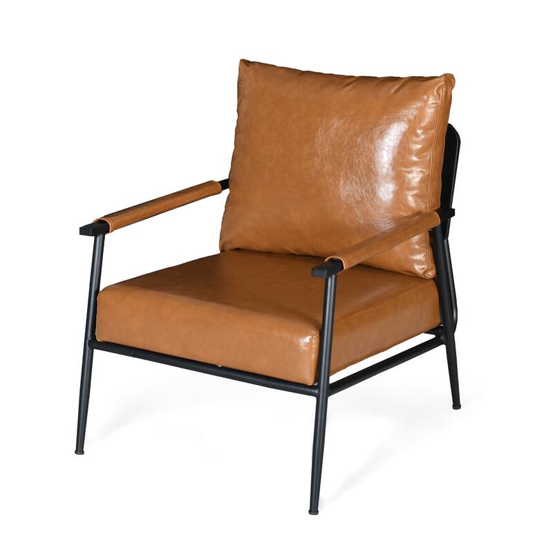 Mid-Century Modern Accent Chair with Padded Backrest and Metal Frame,Faux Leather Upholstered Armchair for Living Room,Bedroom