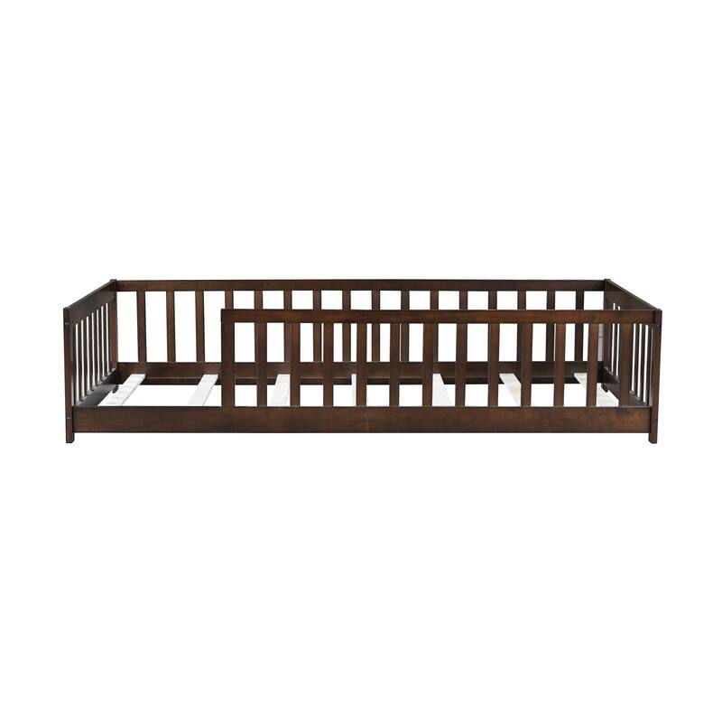 Roomfitters Twin Rubber Wood Floor Bed with Fence, Safety Guardrails, Low Profile Platform Design