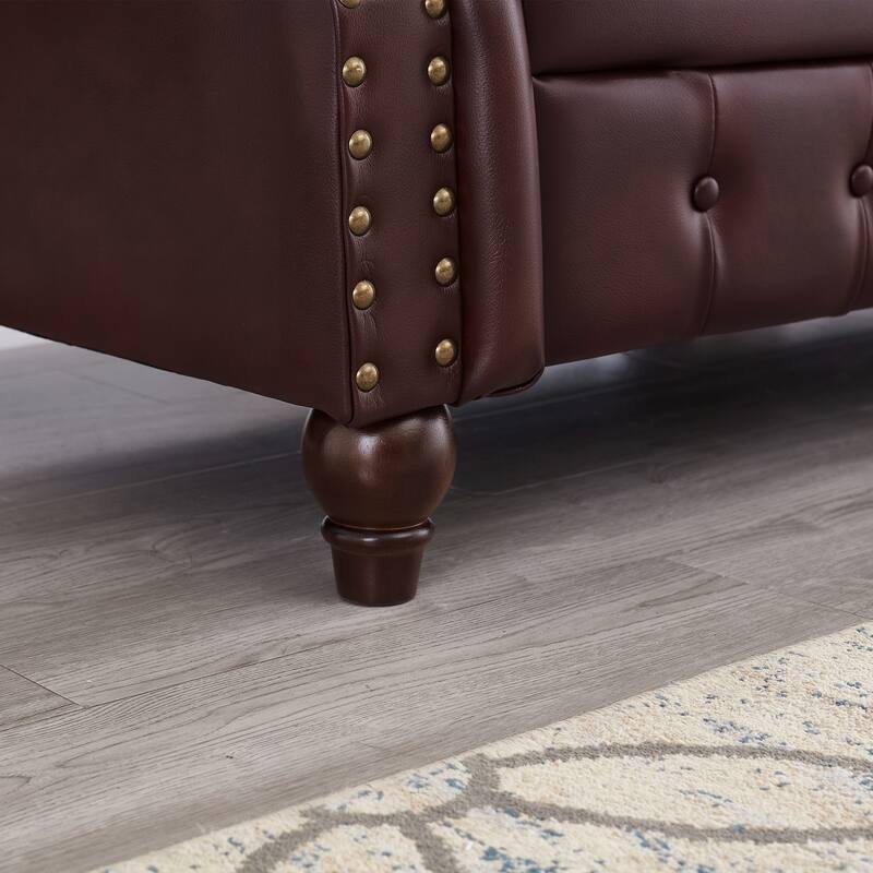 Faux Leather Chesterfield Sofa, Button Tufted 3 Seater Sofa with Storage, Upholstered Sofa with Nailhead Trim & 3 Pillows