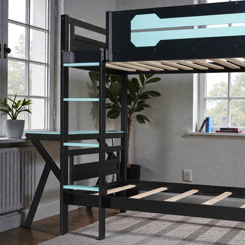 Twin/Full Gaming Bunk Bed with Dual Desks, USB Charging Ports and Pegboard Organizer, Gamer Bunk Frame