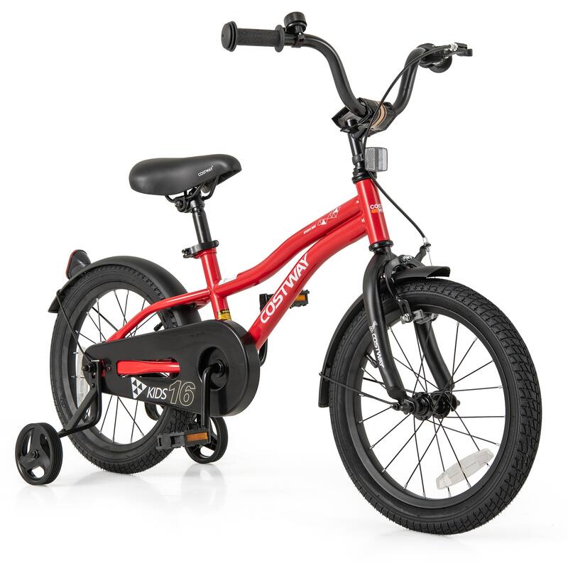 Red Metal Frame Kids Bike with Rubber Tires and Training Wheels Adjustable Handlebar Dual Brakes