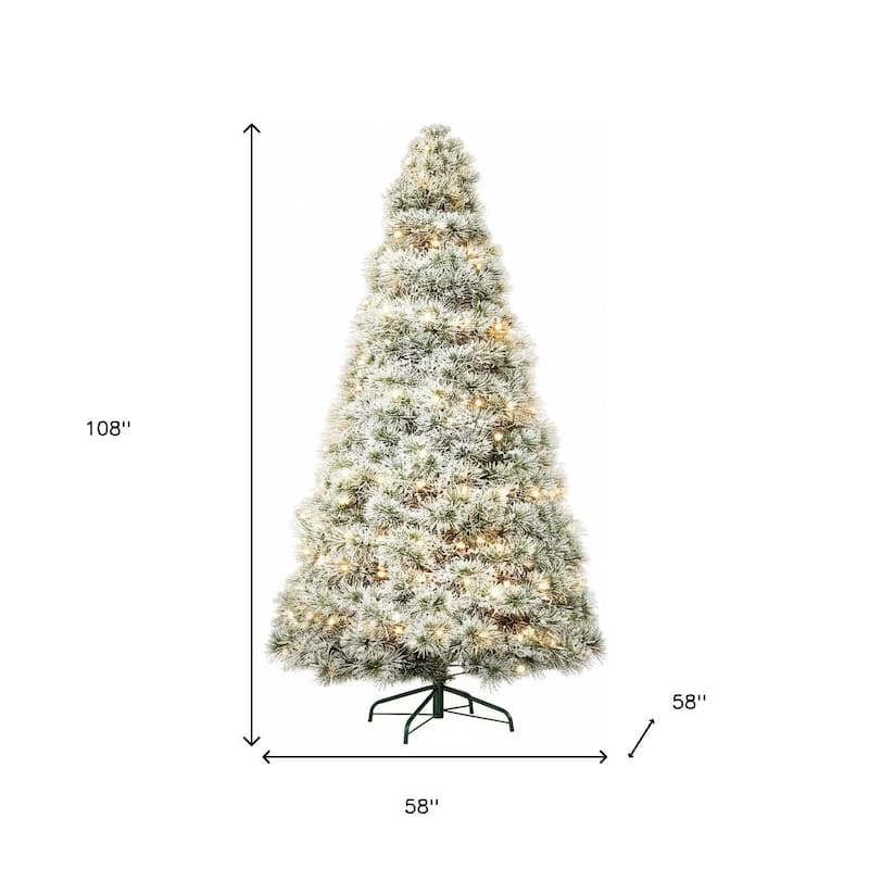 HomeRoots 9' White Pre Lit Full Flocked Spruce Christmas Tree - 58.00 in. x 108.00 in. x 58.00 in.
