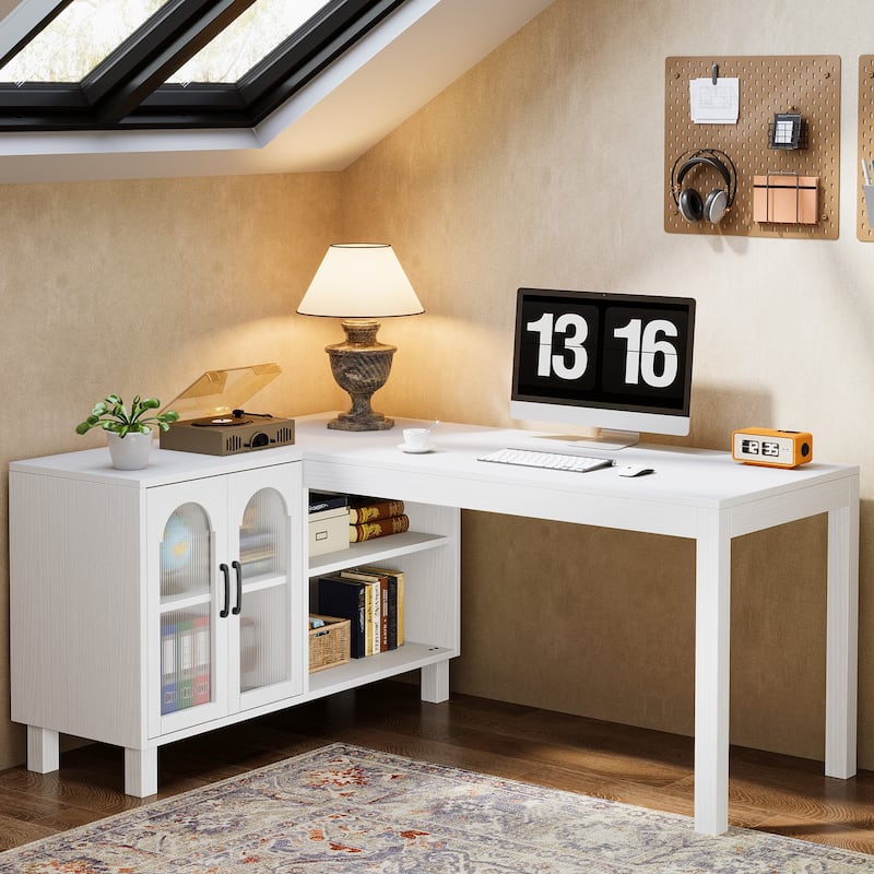 L Shaped Desk with Storage Cabinet, 59'' Corner Computer Desk Office Desk - White