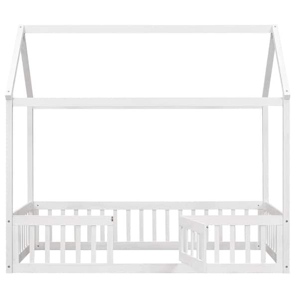 slide 2 of 5, Kids House Bed Twin Size Wood Floor Bed With Fence Roof Pine Beige