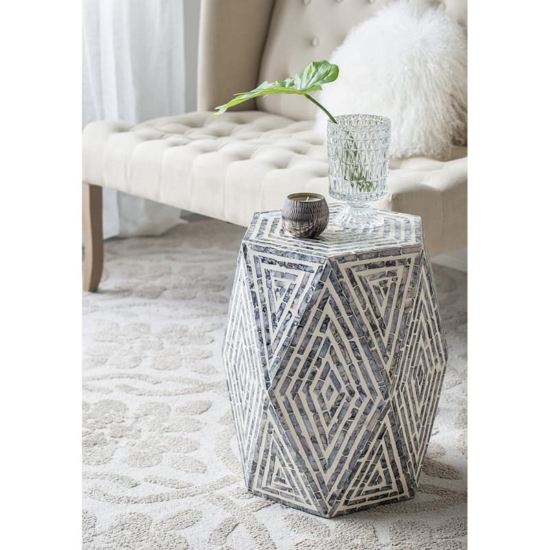 GDFStudio - Olivia Modern Cylindrical Garden Capiz Stool & Accent Side Table - 16x14x18" - Black White