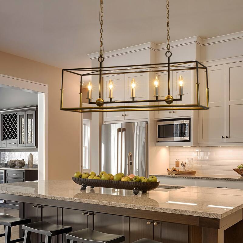 Geometric 5-Light Modern Black and Brass Rectangular Pendant Light for Dining Room