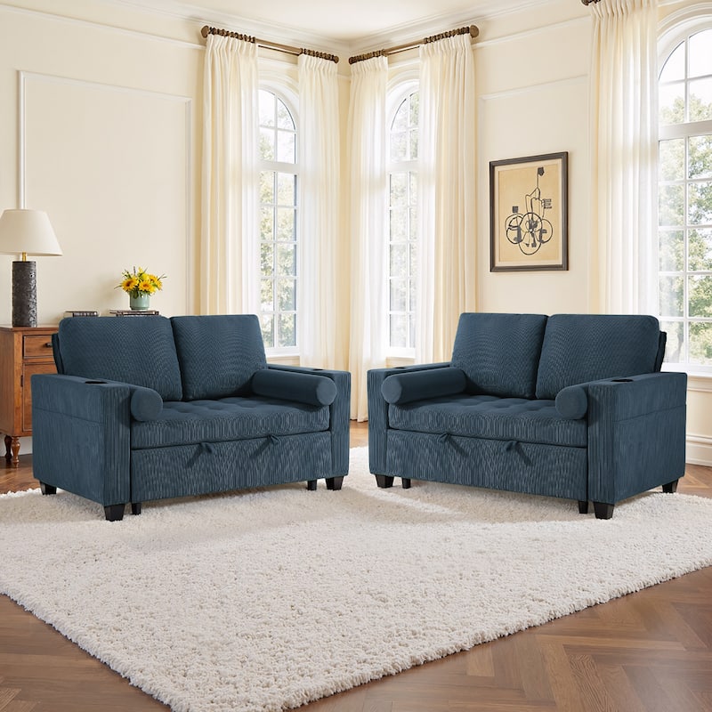 2 Set Multi-Functional Sleeper Sofa Bed 3-in-1 Pull-Out Convertible Adjustable Loveseat with USB Port