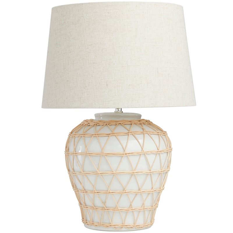 White Ceramic Woven Rattan Geometric Room Table Lamp with Linen Shade